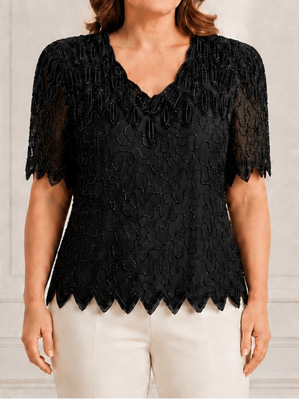 Laurence Kazar 2X Black Silk Beaded Sequin Evening Blouse Vintage NWT Fits L/XL